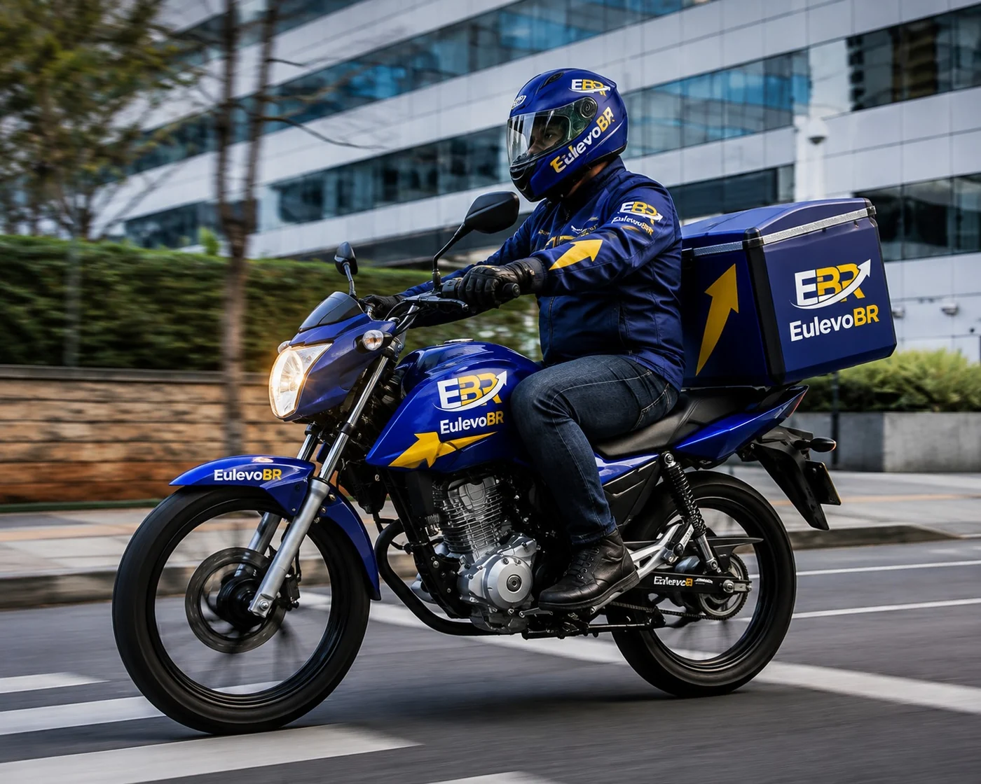 Entregador parceiro da EuLevoBR em movimento na moto, com a bag da marca
